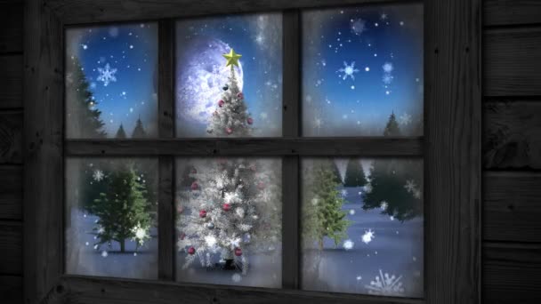 Animation Der Winterlandschaft Aus Dem Fenster Gesehen Mit Weihnachtsmann Schlitten — Stockvideo