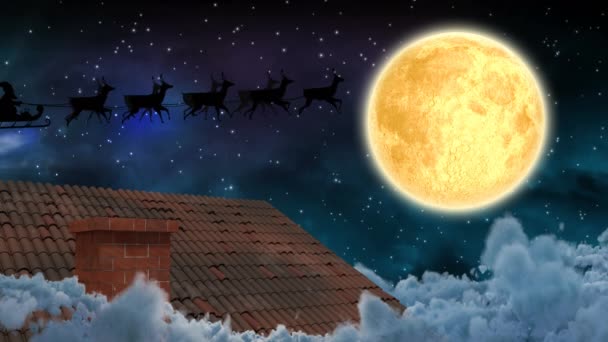 冬景色のアニメーション夜にサンタクロースとそりでトナカイ 流れ星 月と家によって引っ張ら — ストック動画