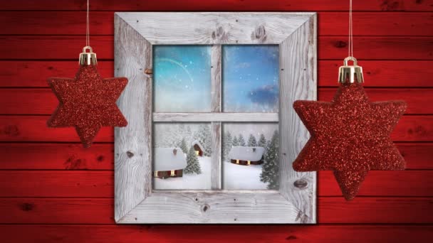 Animation Winter Scenery Seen Window Snowfall Houses Red Star Christmas — Stock Video
