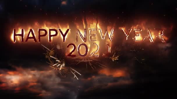 Animation Words Happy New Year 2020 Flames Fireworks Black Background — ストック動画