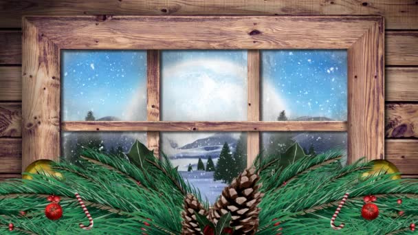 透过窗户看到的冬季风景的动画 有降雪和圣诞装饰 — 图库视频影像