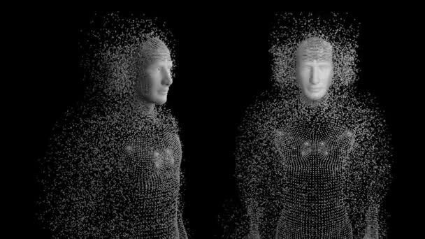黒の背景に灰色の粒子から形成された2つの人体のアニメーション — ストック動画