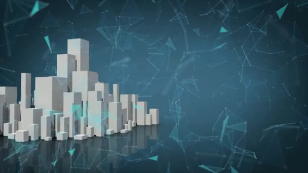 濃い青の背景に回転する白い3D建築都市モデルとの接続のネットワークのアニメーション — ストック動画