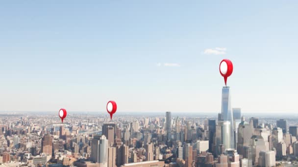 现代城市景观中建筑物上方出现的三个红色定位别针图标的动画 — 图库视频影像