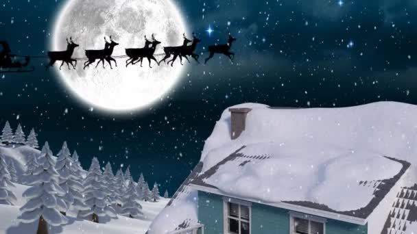 冬の風景を夜にアニメーション化し サンタクロースはそりでトナカイ 家に引っ張られています — ストック動画