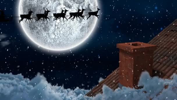 Animazione Paesaggi Invernali Notte Con Babbo Natale Slitta Trainato Renne — Video Stock