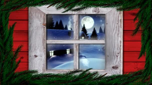 Animation Winter Scenery Seen Window Snowfall Moon Houses — Stock Video