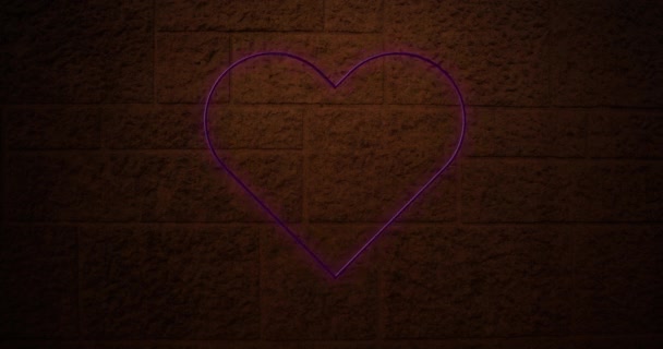 Animation Pink Heart Neon Sign Brick Wall — стоковое видео