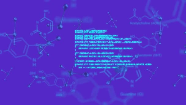 紫色背景下具有数据处理的蓝色纺丝分子的合成及化合物的结构公式 — 图库视频影像