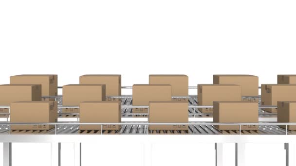 Animation Rows Cardboard Boxes Moving Conveyor Belts Warehouse — Stock Video