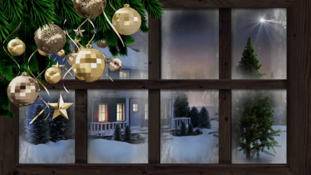 Pencereden Görülen Kış Manzarasının Animasyonu Noel Ağacı Kar Yağışı Kayan — Stok video