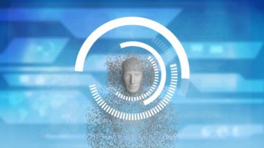 İnsan vücudunun animasyonu mavi arkaplan üzerinde beyaz dönen halkaları olan gri parçacıklardan oluşmuştur.