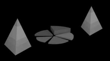 Siyah arkaplanda değişen istatistikleri gösteren iki 3d gri piramit grafiği ve bir gri pasta grafiği animasyonu