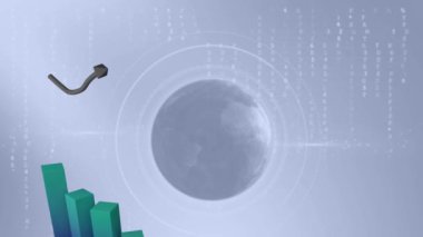 3d mavi blok grafiği ve siyah okun canlandırması, soluk gri bir arkaplanda dünya ve veri ile büyümeyi gösteriyor