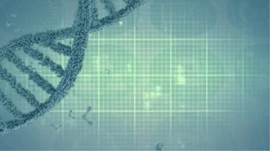 Izgara ve yeşil arkaplan üzerinde hareket eden parçacıkların olduğu dönen bir DNA ipliğinin canlandırması