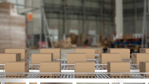在仓库的传送带上移动的一排纸板箱的动画 — 图库视频影像