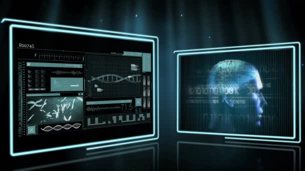 Animação Dois Monitores Com Dados Científicos Cabeça Humana Com Luzes — Vídeo de Stock