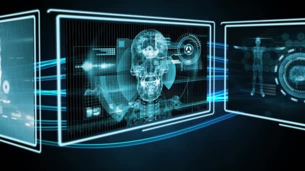 Animación Tres Monitores Con Datos Científicos Silueta Humana Con Luces — Vídeo de stock