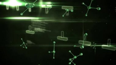 Siyah bir arkaplan üzerinde veri işleme ile dönen 3d DNA ipliği ve moleküllerinin canlandırması