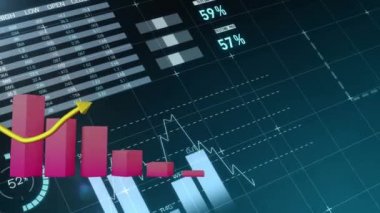 Hareket eden grafikler ve verilerle birlikte koyu bir arkaplanda büyümeyi gösteren pembe blok grafiği ve altın okun animasyonu