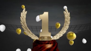 Bir spor stadyumunda yüzen beyaz ve altın balonlarla altın madalyanın animasyonu.