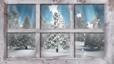 Pencereden görülen kış manzarasının animasyonu. Kar yağışı, yıldızlar ve bir Noel ağacı.