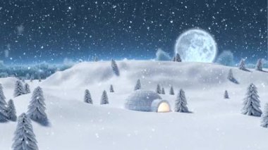 Animation of winter scenery at night with snowfall, moon and trees