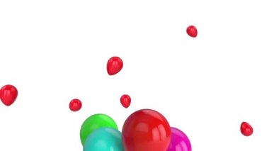 Beyaz arka planda kırmızı balonlar yüzen ipler üzerinde renkli parlak balonların animasyonu