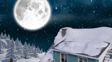 Geceleri kar, ev ve ay yağışlı kış manzarasının animasyonu