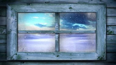 Kırsal kesimde kar yağışı ve pencereden görülen kış manzarasının animasyonu