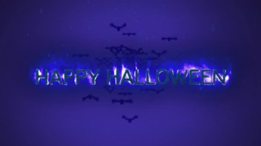 Mavi arka planda uçan yarasalarla alevler içindeki Cadılar Bayramınız kutlu olsun sözlerinin animasyonu