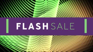 Flaş Satış kelimesinin canlandırması beyaz ve yeşil harflerle arkaplanda kıvrımlı çizgiler olan mor bir pankartta