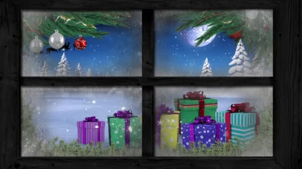 Animación Paisajes Invernales Vistos Través Ventana Con Santa Claus Trineo — Vídeos de Stock