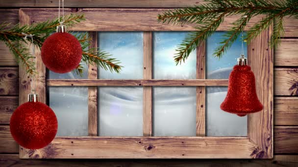 窓から見る冬景色のアニメーション 雪と赤い泡 — ストック動画