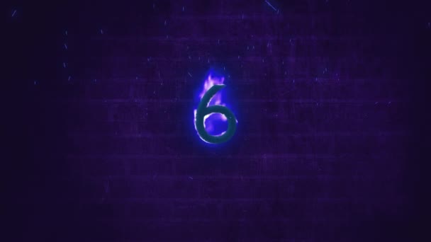 Animation du numéro 6 en flammes sur fond bleu 