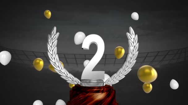 Animation Trophée Argent 2Ème Place Avec Des Ballons Blancs Dorés — Video