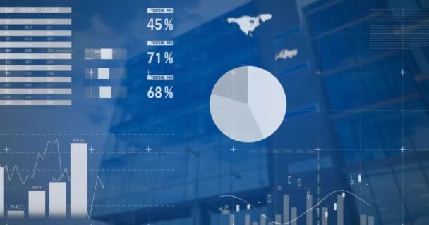 Animering Databehandlings Och Företagsdiagram Samt Statistik Med Byggnaden Bakgrunden — Stockvideo