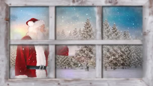 透过窗户看到的冬季美景的动画 有雪花 圣诞老人和冷杉 — 图库视频影像