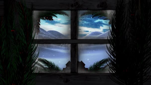 透过窗户看到的冬季景色的动画 有雪花和冷杉 — 图库视频影像