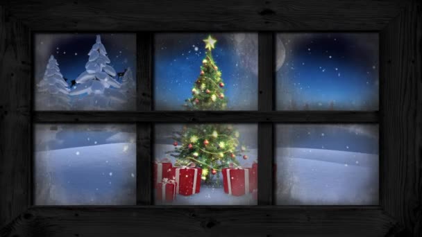 Animación Paisajes Invernales Vistos Través Ventana Con Santa Claus Trineo — Vídeos de Stock