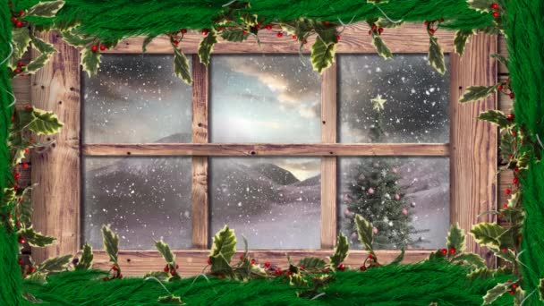 Animación Paisajes Invernales Vistos Través Ventana Con Nevadas Árboles Navidad — Vídeo de stock