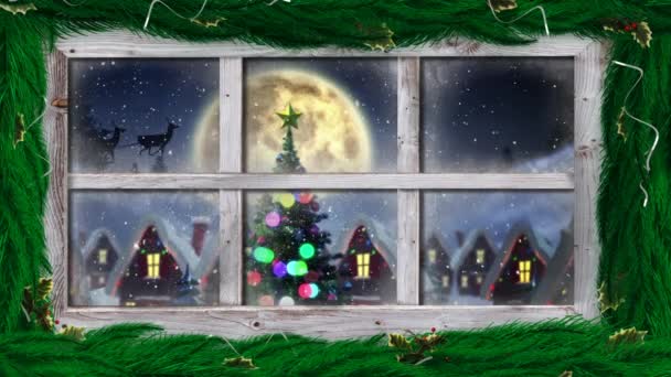 Animation Der Winterlandschaft Aus Dem Fenster Gesehen Mit Weihnachtsmann Schlitten — Stockvideo