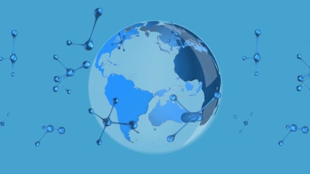 Animation Rotating Blue Metallic Molecules Globe Blue Background — Stock Video