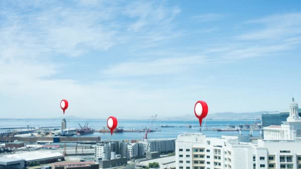 Animação Três Ícones Pino Localização Vermelho Aparecendo Sobre Edifícios Uma — Vídeo de Stock