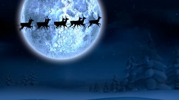 Animation Winter Scenery Night Santa Claus Sleigh Being Pulled Reindeers — Stock Video