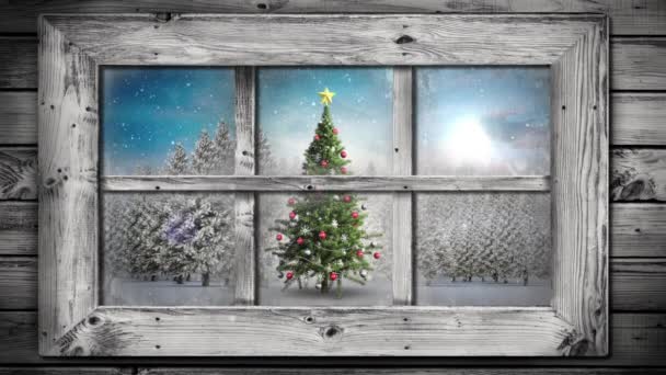 Animation Winter Scenery Seen Window Snowfall Christmas Tree — Stock Video