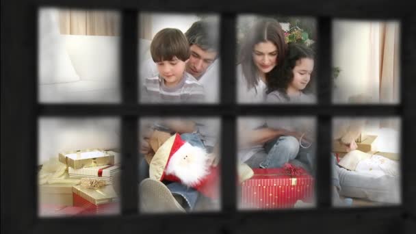 Анімація Сім Різдво Дивиться Через Вікно Ялинку Даруючи Один Одному — стокове відео