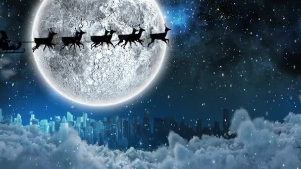 Animation Winter Scenery Night Moon Snowfall Cityscape Cloudy Sky — Stockvideo