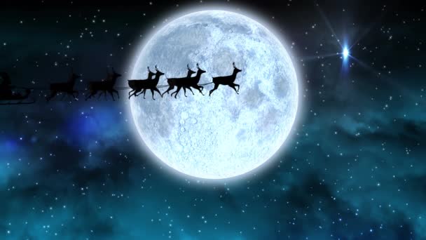 Animation Winter Scenery Night Santa Claus Sleigh Being Pulled Reindeers — ストック動画