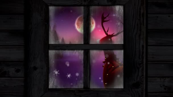 Pencereden Görülen Kış Manzarasının Animasyonu Noel Baba Nın Kızakla Çekilmesiyle — Stok video